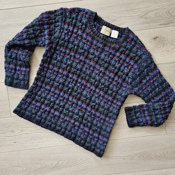 Liz Claiborne Aran Cable Knit Striped Ramie Granny Pullover Sweater Medium - Picture 1 of 12